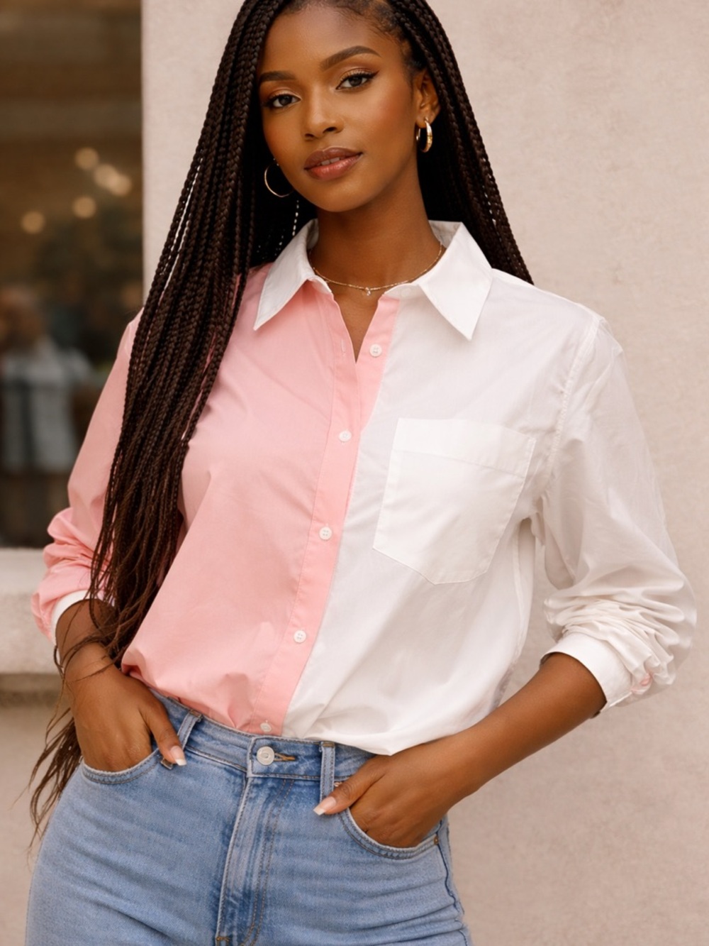 Two-Tone Pink & White Button-Down Shirt- Size Small or Medium
